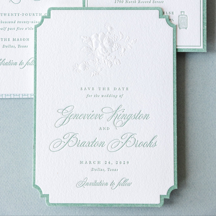 Braxton v2 save the date with green and white design on a light blue background
