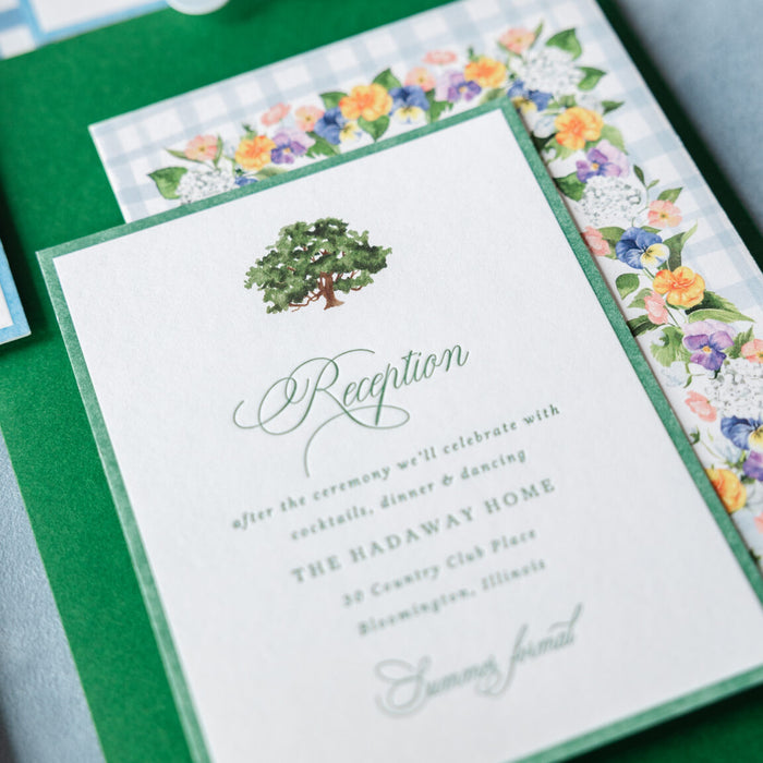 Wedding reception invitation with green border and tree design