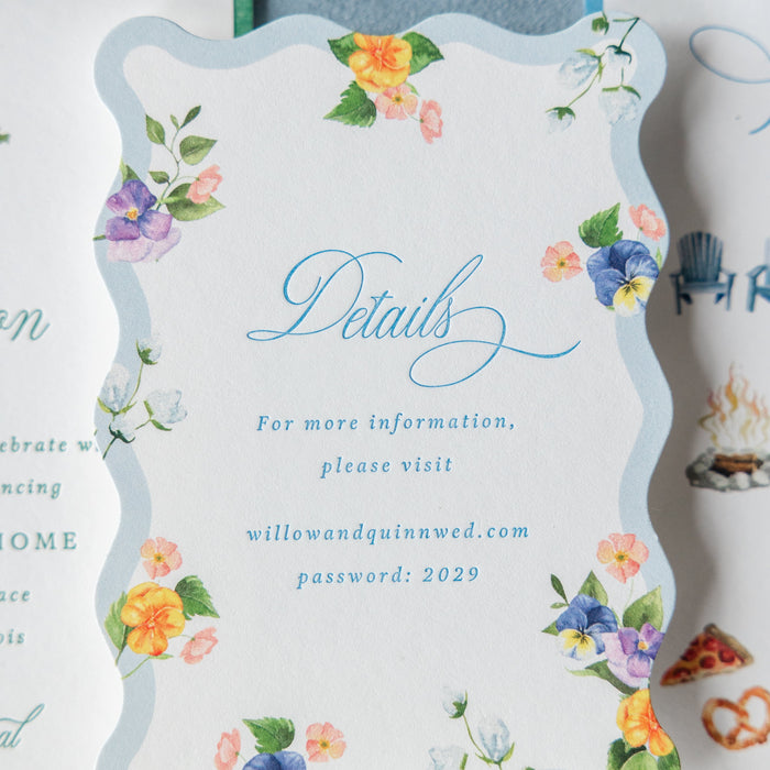 Floral invitation card with 'Details' text on a blue background