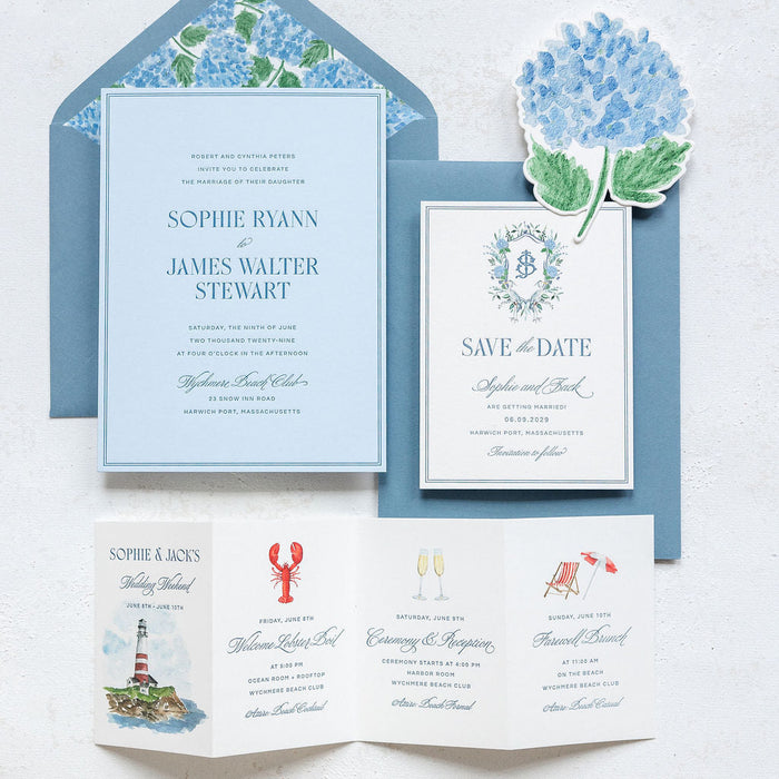Ryann v2 wedding invitation set with blue floral design on a white background