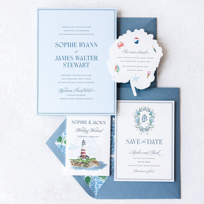Nautical-themed Ryann V2wedding invitation set with events card and save-the-date card on a white background.