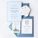 Nautical-themed Ryann V2wedding invitation set with events card and save-the-date card on a white background.