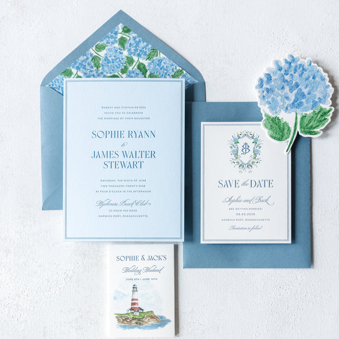 Ryann v2 wedding invitation set with blue hydrangea design on a white background