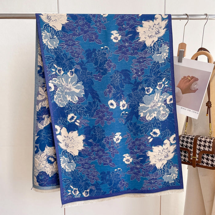Blue and White Floral Reversible Wrap -Artisan Shawl