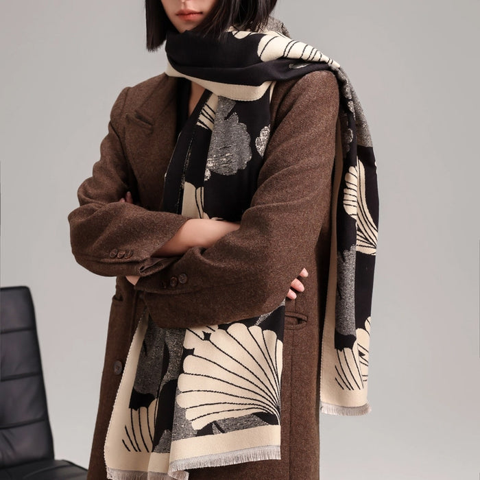 Black and Cream Large Ginkgo Reversible Wrap