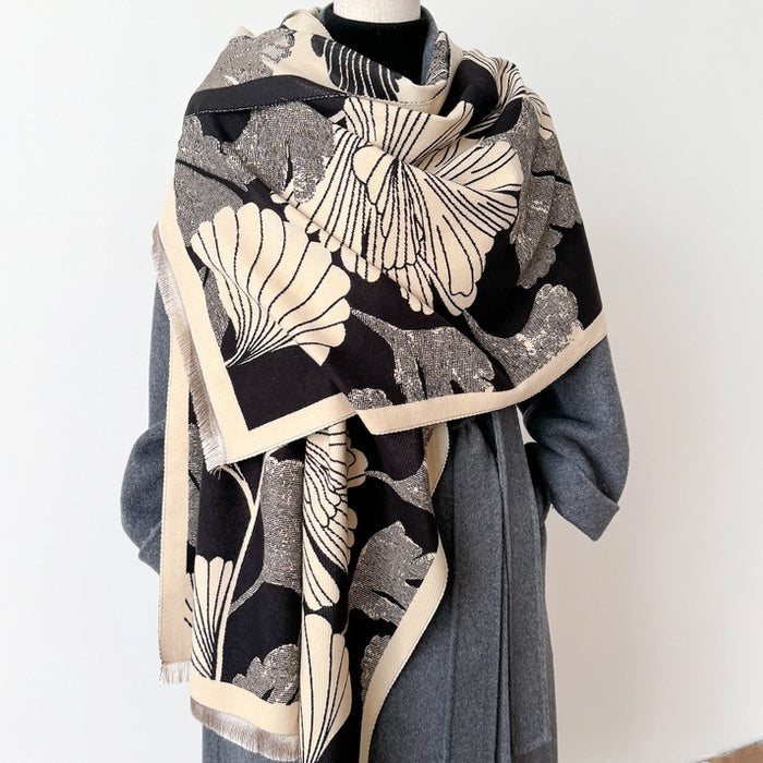 Black and Cream Large Ginkgo Reversible Wrap