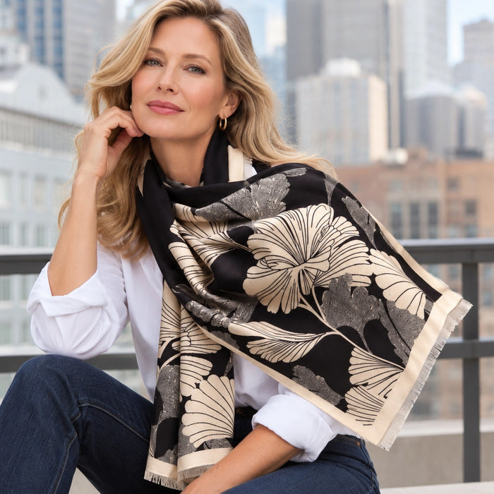 Black and Cream Large Ginkgo Reversible Wrap