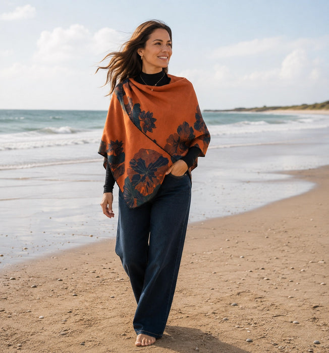 Orange and Navy Fan Leaves Reversible Loop Wrap