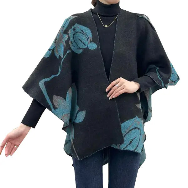 Cozy Cashmere Like Travel Wrap Aqua and Black Reversible Loop