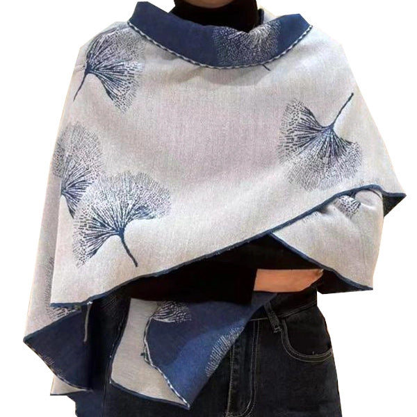 Blue and White Ginkgo Reversible Loop Wrap