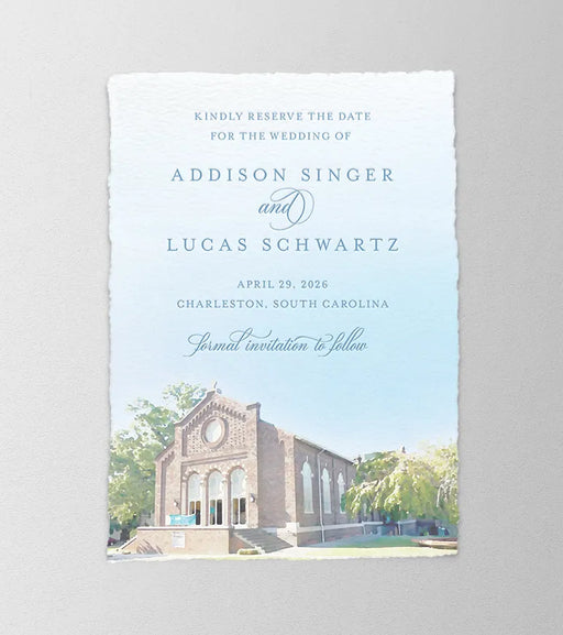 Save the Date card with a church image and text on a light blue background