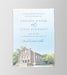 Save the Date card with a church image and text on a light blue background