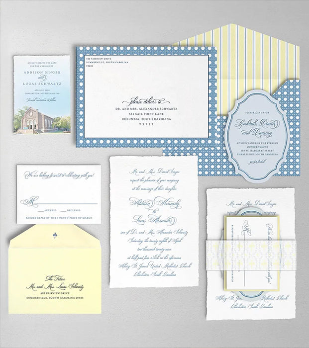 Collection of Artesnal wedding invitation cards with blue and yellow designs on a gray background