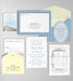 Collection of Artesnal wedding invitation cards with blue and yellow designs on a gray background