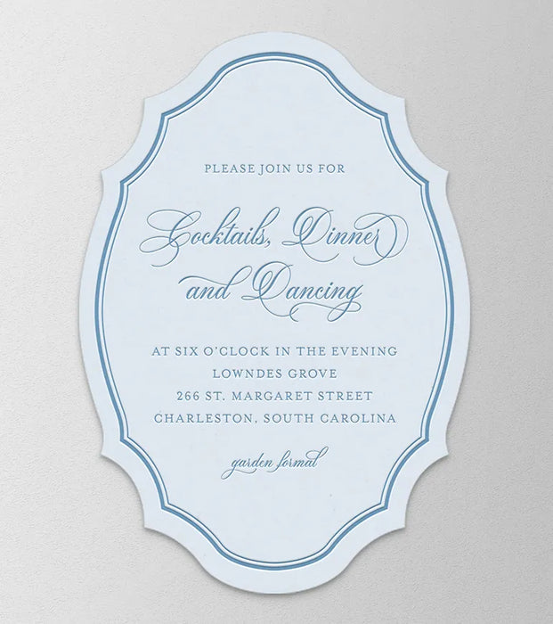 Reception card with elegant blue design on a light gray background