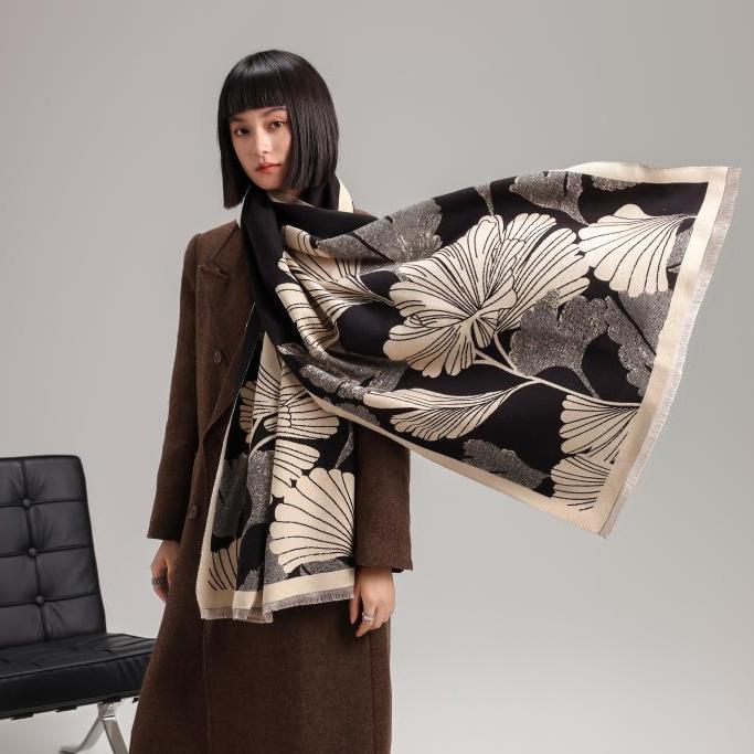 Black and Cream Large Ginkgo Reversible Wrap