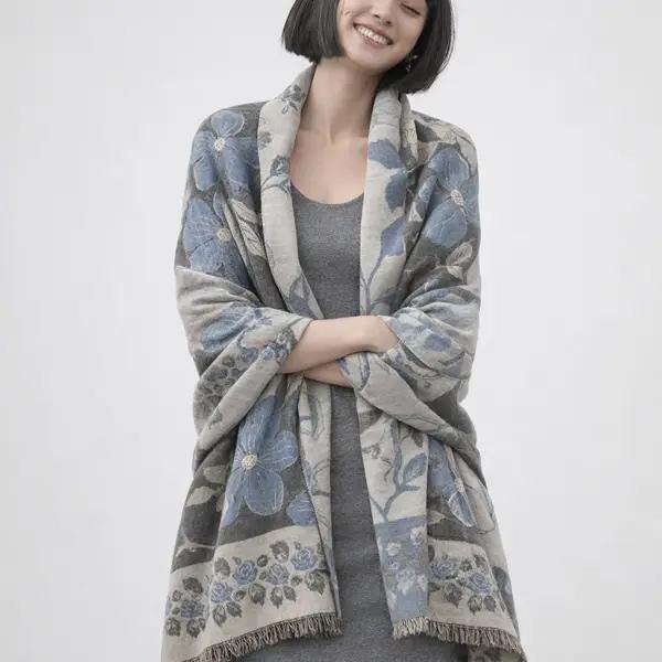 Blue and Gray Vintage Floral Reversible Wrap
