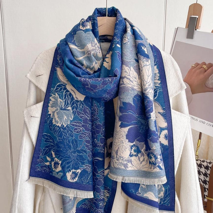 Blue and White Floral Reversible Wrap -Artisan Shawl