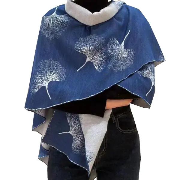 Blue and White Ginkgo Reversible Loop Wrap