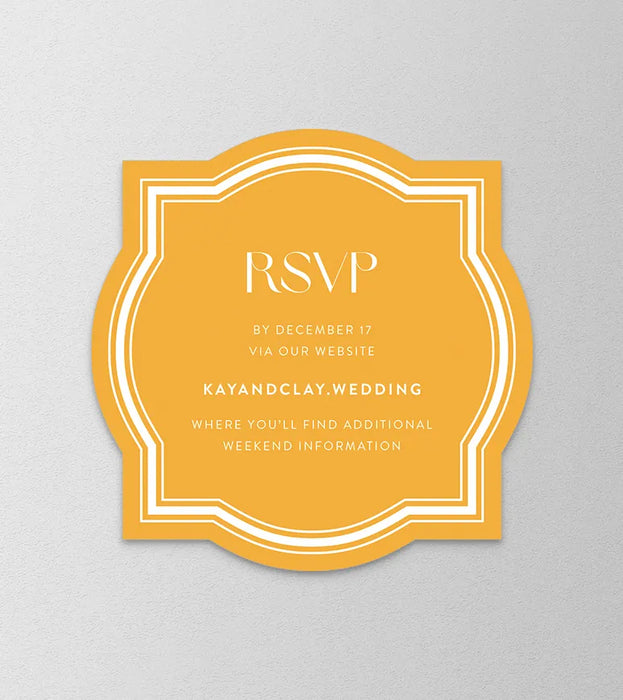Orange wedding invitation with 'RSVP' text on a gray background