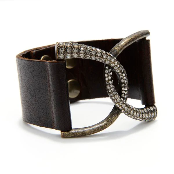 Crystal Double D-Ring Leather Bracelet in Brown Leather by Rebel Designs