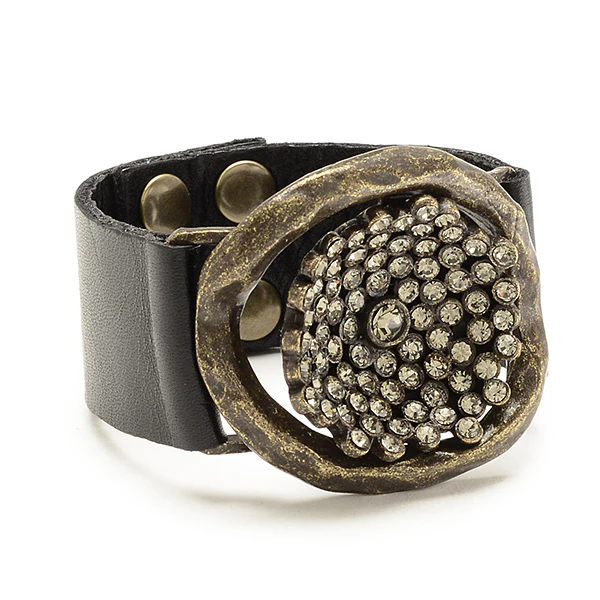 Crystal Flower Insert Leather Bracelet in Black Leather by Rebel Designs