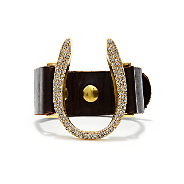 Gold Crystal Horseshoe Bracelet Black Leather by Rebel Designs