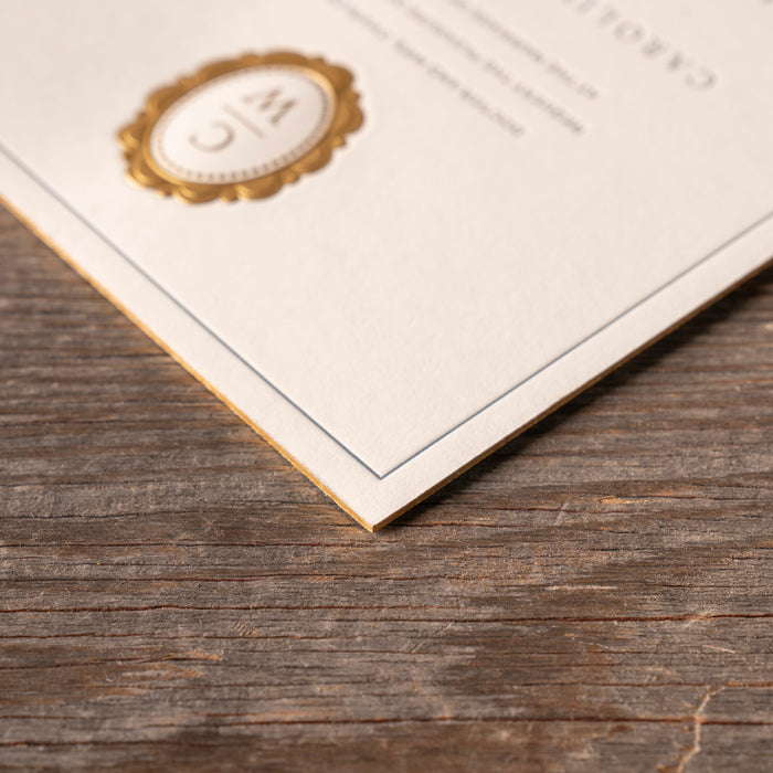 Corner Detail of Charmain Wedding invitation showing gold foil edge