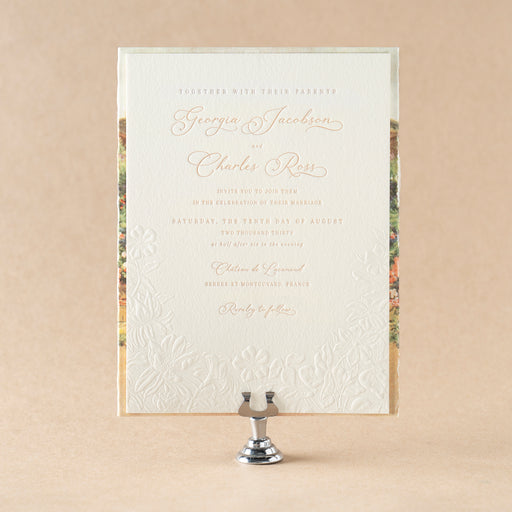 Delevingne Wedding Invitation with blind embossing and letterpress text.