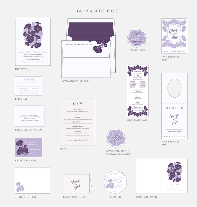 Gloria Suite Pieces wedding stationery set with purple floral designs on a white background.