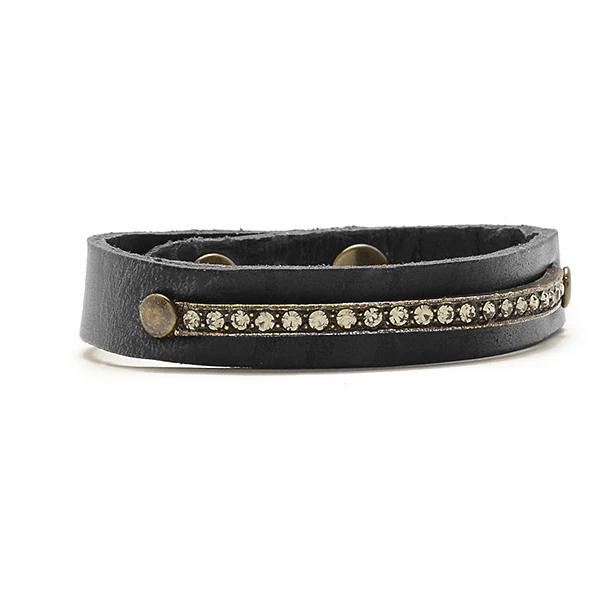 Narrow Leather Band Crystal Id Bracelet Black Leather by Rebel Designs