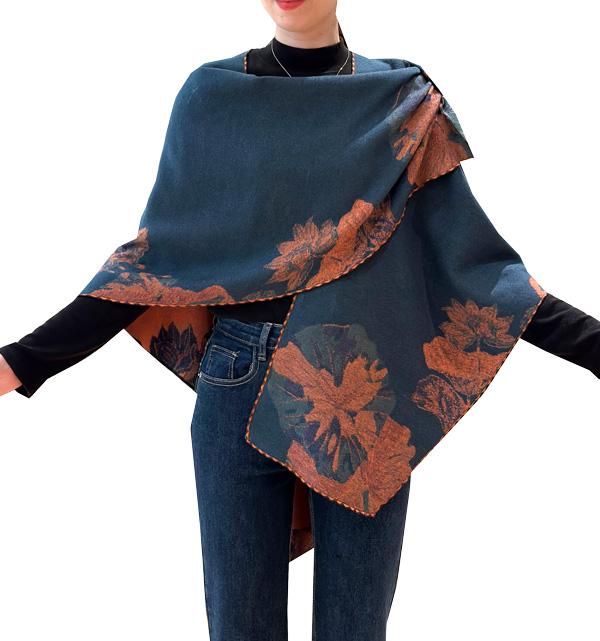 Orange and Navy Fan Leaves Reversible Loop Wrap