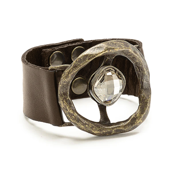Single Crystal Leather Bracelet in Brown Leather by Rebel Designs