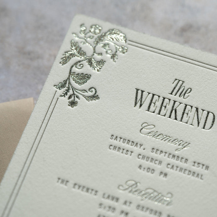Weekend card from Darcy suite with decorative elements on a textured surface