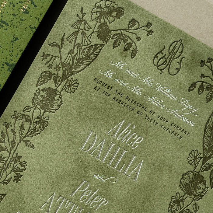 Green wedding invitation with floral designs and text