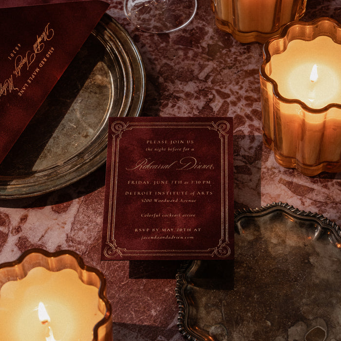 Canfield velvet rehearsal dinner invitation card