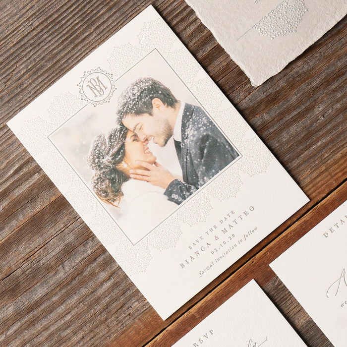 Bianca photo save the date card for winter wedding