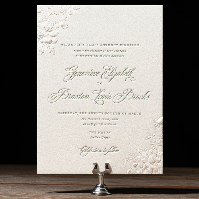 Braxton v2 Wedding invitation card on a stand with a dark background