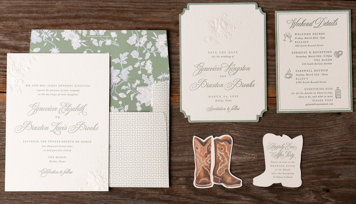 Wedding invitation set with floral design and cowboy boot on a wood background