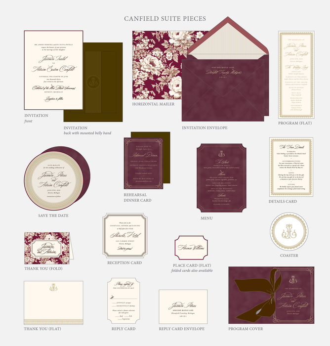 Collection of wedding invitation pieces from the Canfield Suite Pieces collection on a white background.