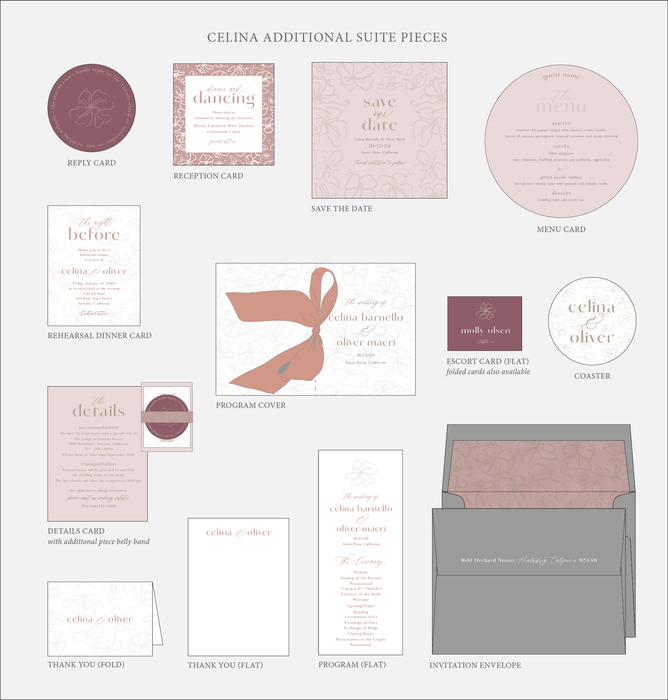Collection of Celina wedding stationery pieces on a white background