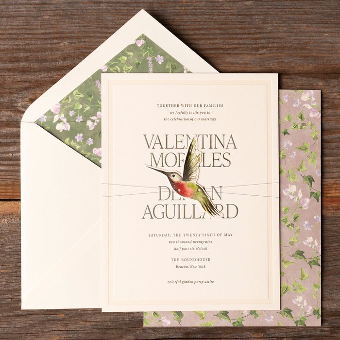 Derian V2 wedding invitation on wooden background