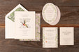 Derian v2 wedding invitation suite on wooden background