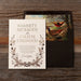 Devonshire Wedding invitation with pheasant illustration on a wooden surface