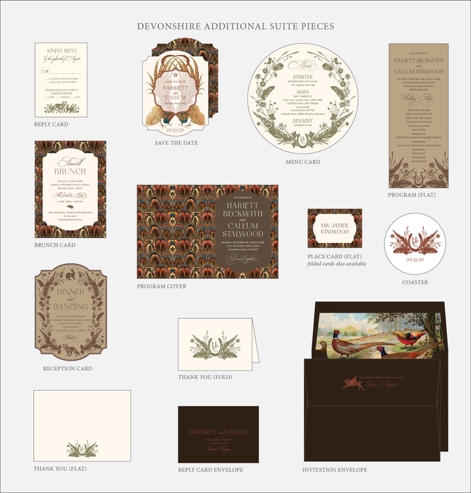 Collection of Devonshire wedding stationery pieces on a white background