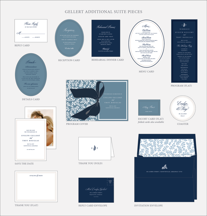 Gellert wedding invitation suite pieces on a white background