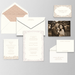 Collection of wedding invitations and stationery items on a gray background
