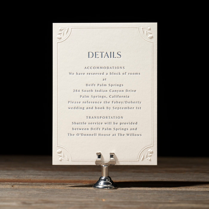 Details card from Harriet suite with floral corner detail