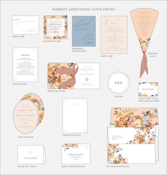 Collection of Harriet wedding invitation suite pieces with floral designs on a white background