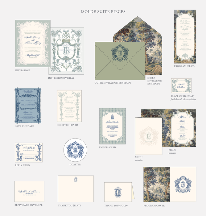 Collection of Isolde Suite Pieces including invitations, envelopes, and cards on a white background.